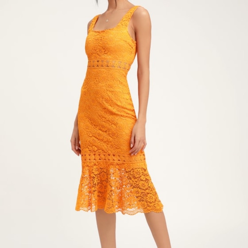 Lulus Orange Lace Trumpet Midi Dress